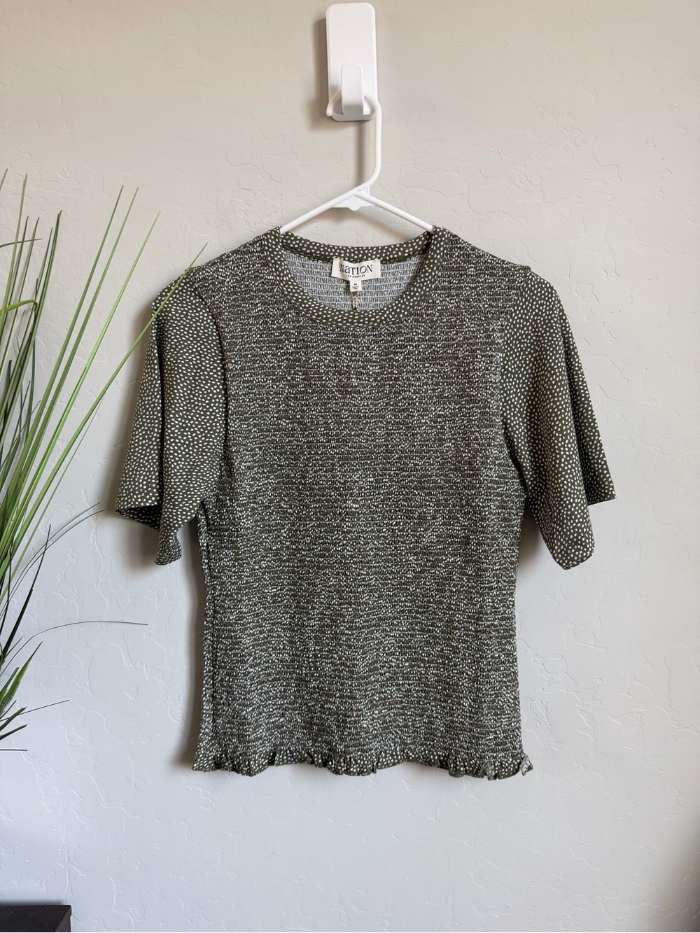 Nation LTD Smocked Flutter Sleeve Top Olive Dot Print NWT Size M